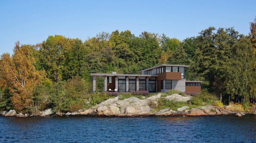 Frank Lloyd Wright house render by the water