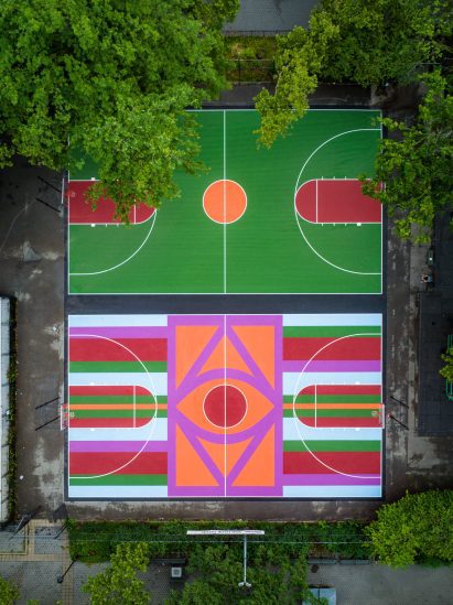 Birdseye view of two Tompkins Square Park basketball courts by Glossier
