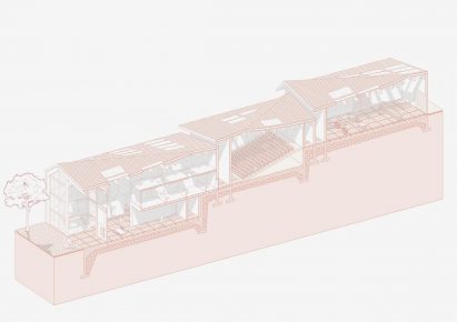 A visualisation of a building in tones of pink, grey and white, against a white backdrop.