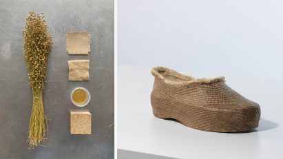 Two photographs next to one another; the left showing a bunch of flowers in green and yellow tones with a collection of beige materials next to them, the right showing a textured shoe in brown tones against a white backdrop.