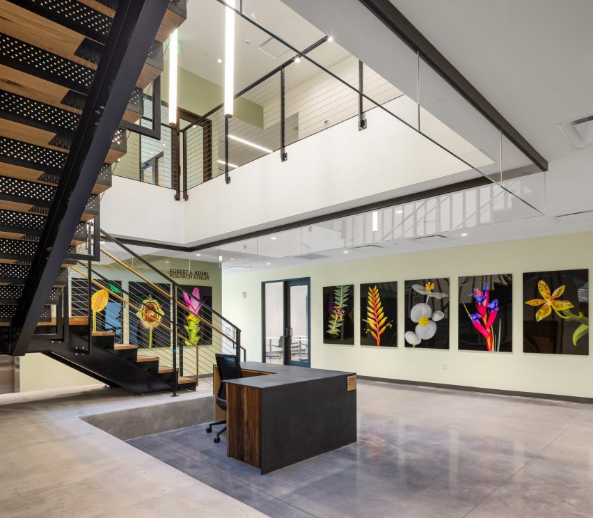 Lobby with metal staircase