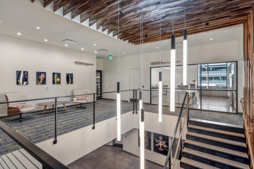 Lobby with hanging pendant lights