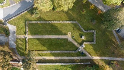 Aerial view of chapel ruins in The Park of Memories by SOA Architekti