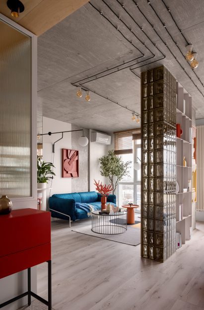 Glass brick wall dividing apartment