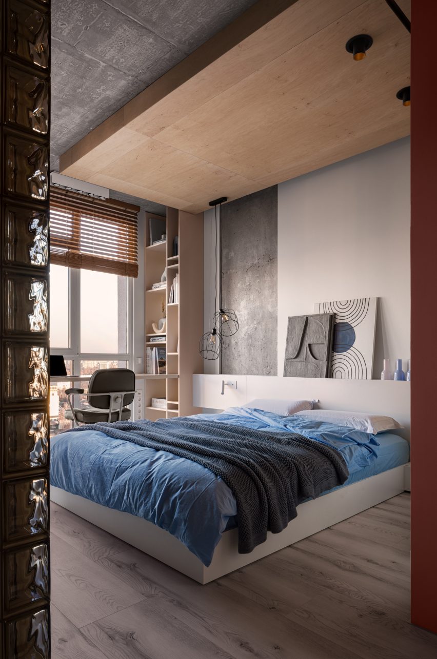 Platform bed and concrete ceiling in bedroom Ukraine