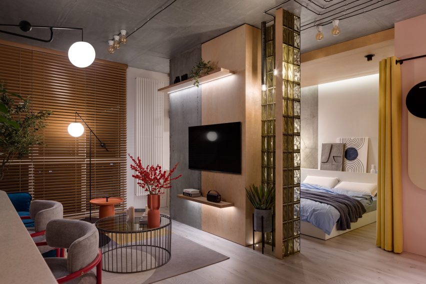 Concrete plywood and brick wall Suprematism apartment Kyiv