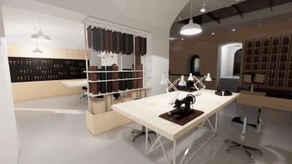Visualisation of a shoemaking workshop in tones of white and brown.