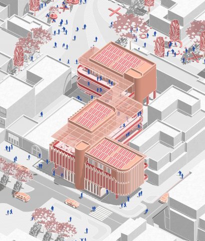 A diagram of a building in tones of pink and red, among grey surrounding buildings and blue figures.