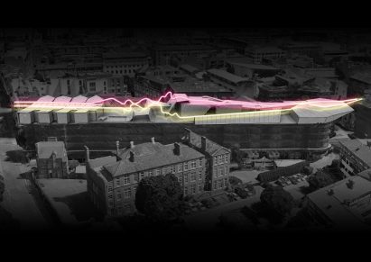 Visualisation of a city from above in tones of black and white, with pink and yellow horizontal lines across