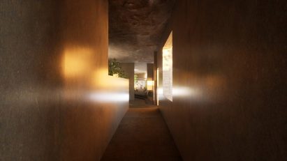 A visualisation of an interior space in tones of brown