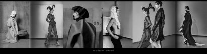 A series of six black and white photographs displaying models wearing a student fashion collection.