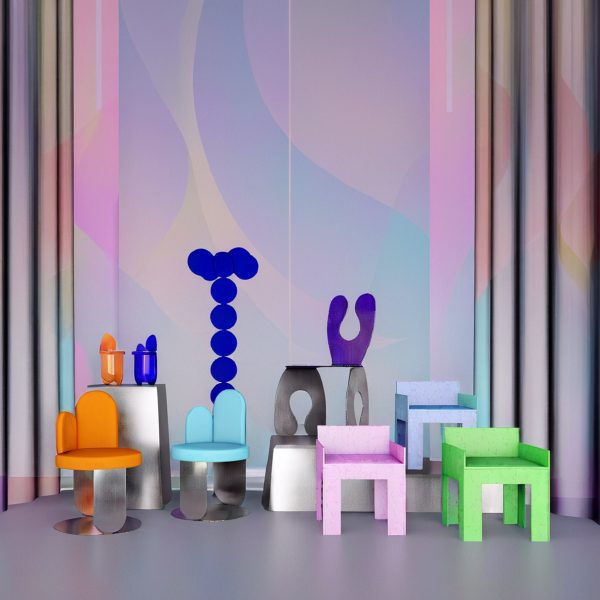 Render of chairs and a curtain
