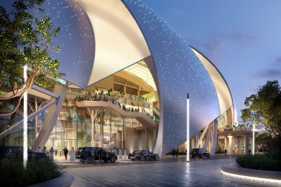 Render of entrance to stadium in Saudi Arabia