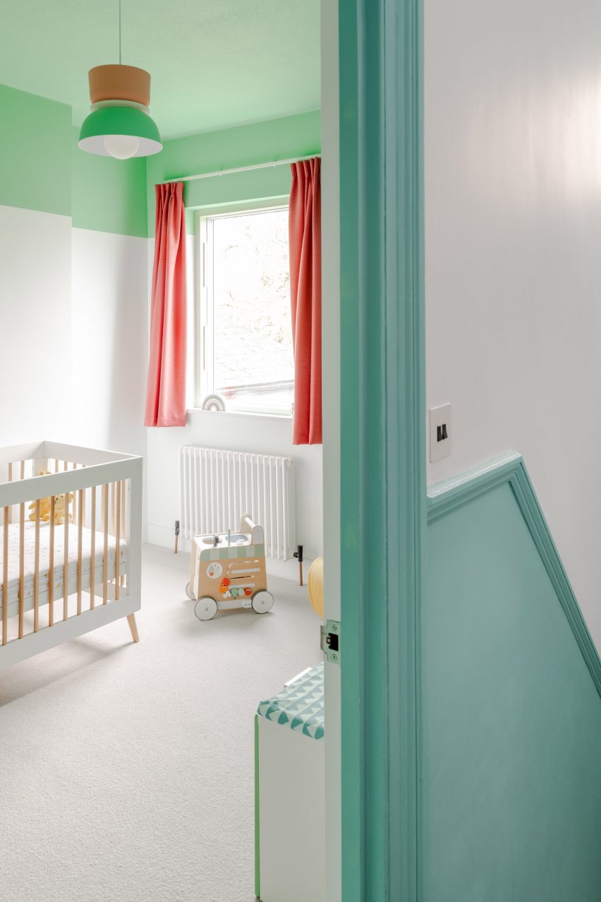 Green and white bedroom