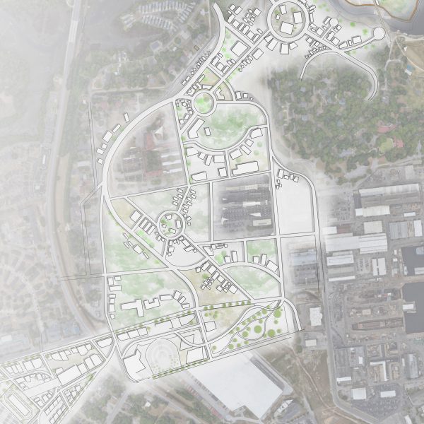 A visualisation from above of a redevelopment plan for a neighbourhood in Charleston, USA, in tones of brown, white and green.
