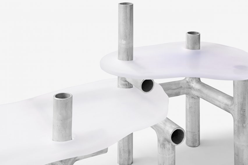 Metal and plastic item of furniture on white backdrop