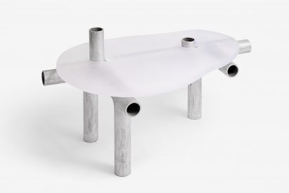 Metal and plastic item of furniture by Jeonghwa Seo on white backdrop