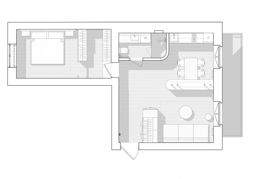 Plan of an apartment by Mirzoyan Studio in Kyiv, Ukraine.