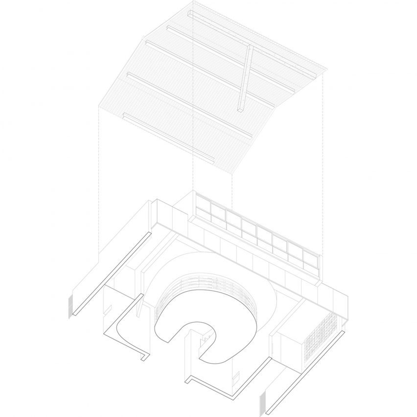 Exploded axonometric of Weishan Chongzheng Academy Bookstore by Trace Architecture Office