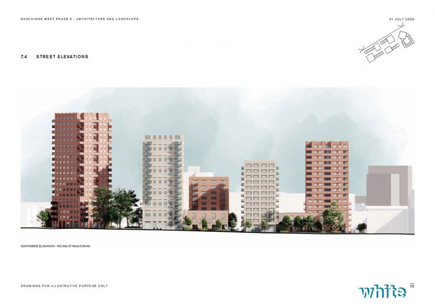 Elevation of West Phase 2 of Gascoigne Estate by White Arkitekter