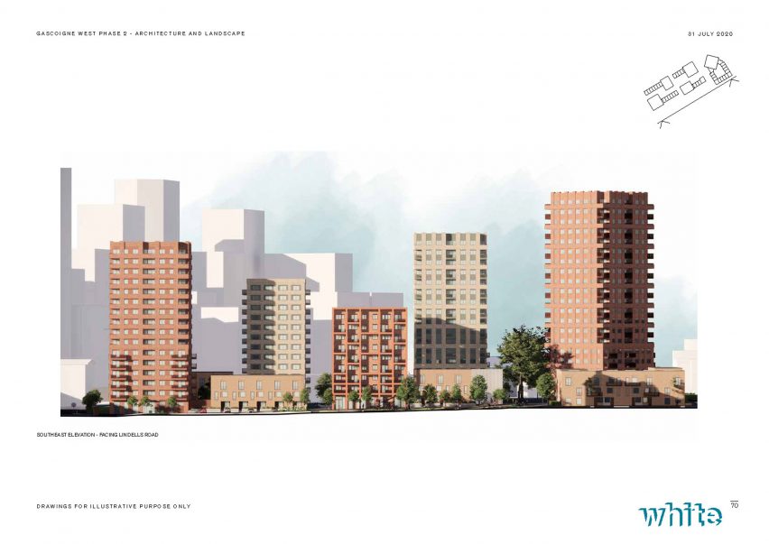 Elevation of West Phase 2 of Gascoigne Estate by White Arkitekter