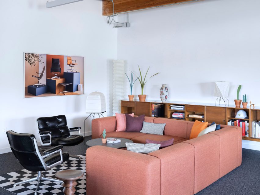 Pink couch in office