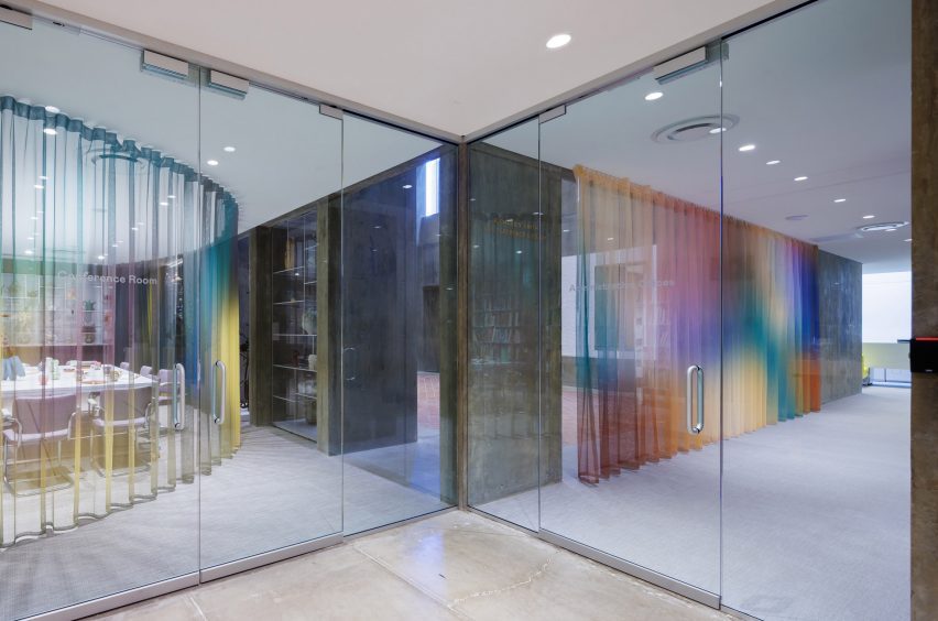 Rainbow curtains in Everson museum