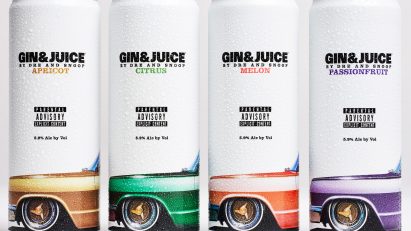 Four beverage cans designed by Ini Archibong for Dr Dre and Snoop Dogg's company Gin & Juice