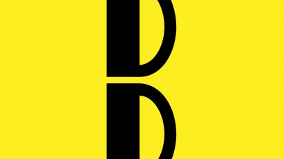 A letter 'B' in black against a yellow background