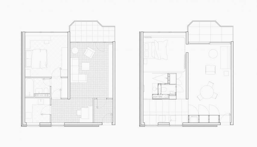Before and after floor plans of apartment