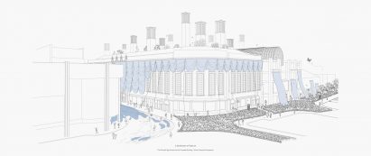 Diagram of a shopping centre in tones of black and blue against a white background, with people and planters surrounding it.