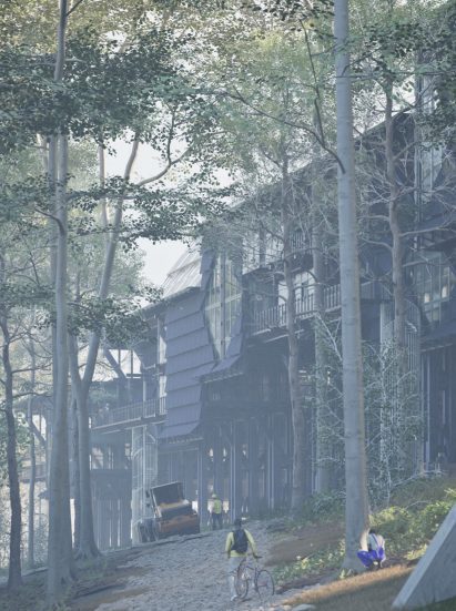 A visualisation of an industrial forest, displaying tall trees and the structure of a building within them.