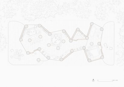 A grey and white map diagram that displays a forest.