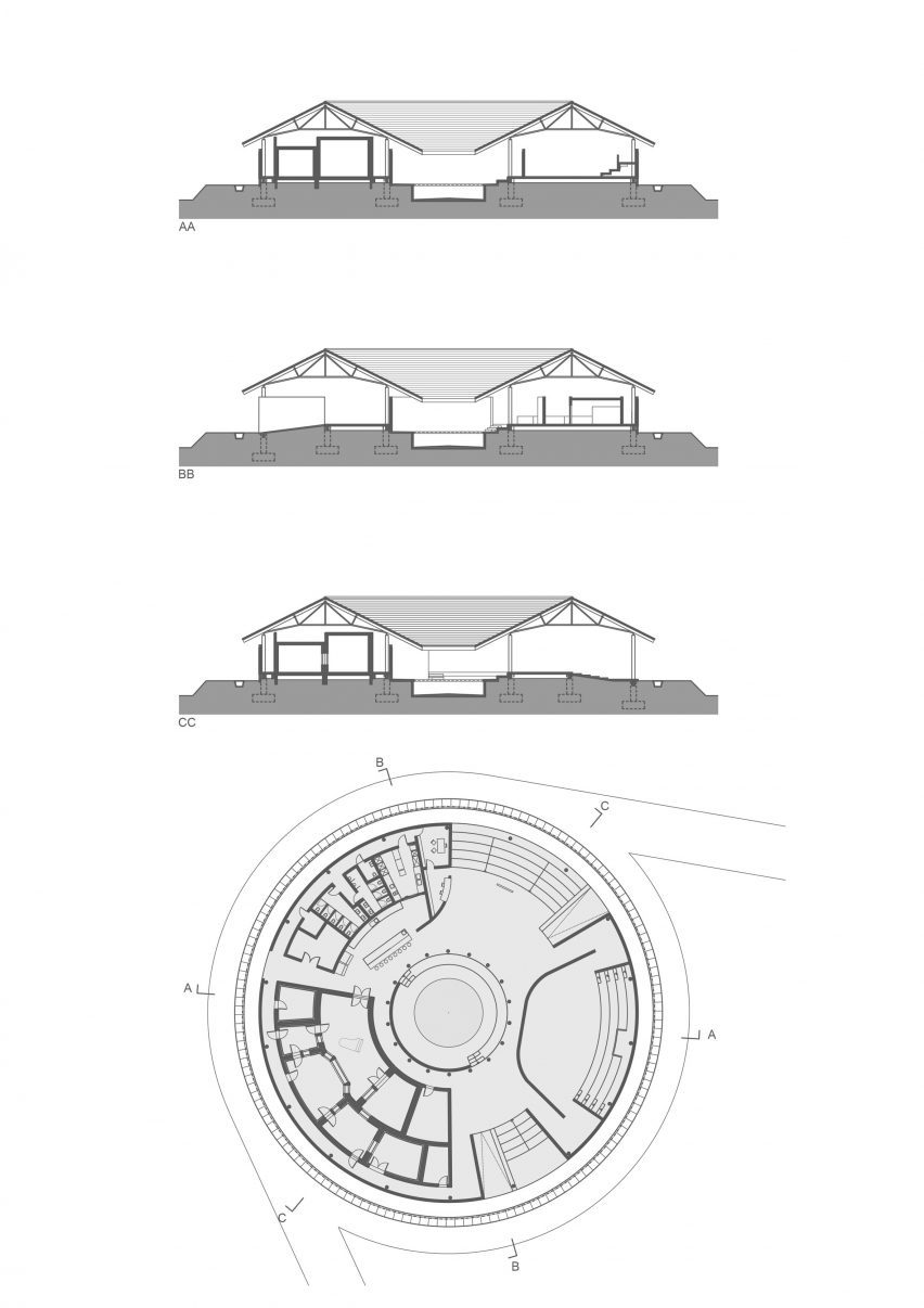 Plan and sections of The Gong by Atelier Oï
