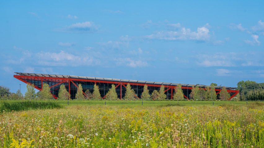 Pritzker Archive seen through tall prairie grasses