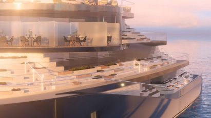 Rendering of the Viewpoint sightseeing boat by PULI Innovation with restaurants on its upper deck and tiered seating below