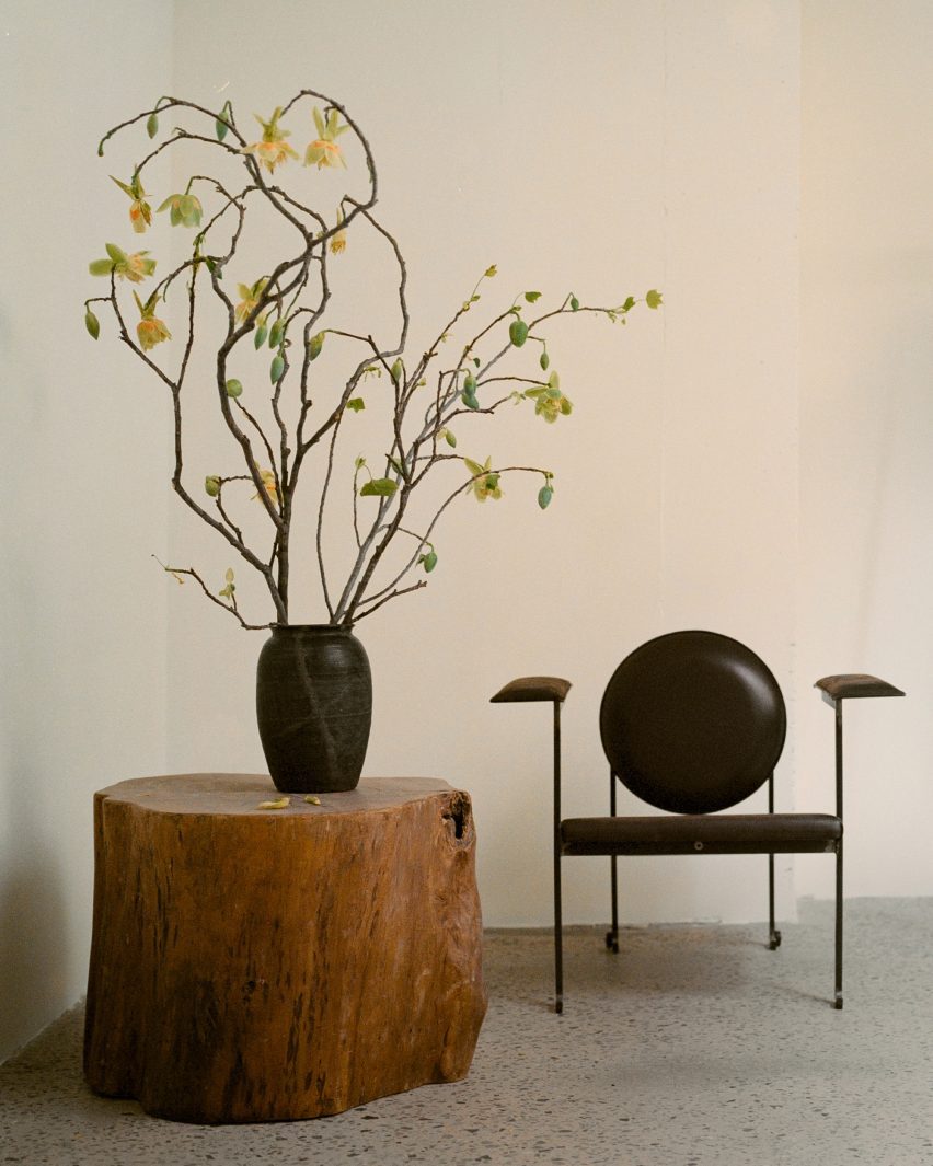 Chair sitting next to stump