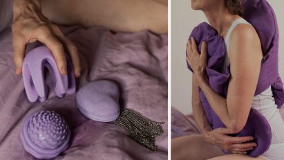 Two photographs beside one another; one displaying a series of sex toys for older women in tones of purple and another displaying a person holding a purple cushion to their body.