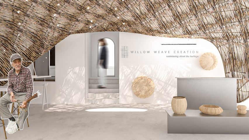A visualisation of a space in tones of brown and white, with a figure sat on a chair and grey seating in the space.
