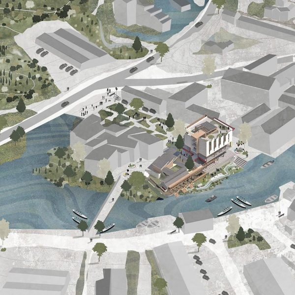 Visualisation of a reimagined watermill building as a creative space in tones of grey, black and green.