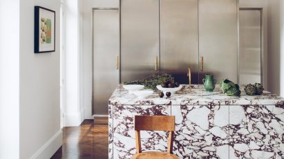 French kitchen with marble kitchen island