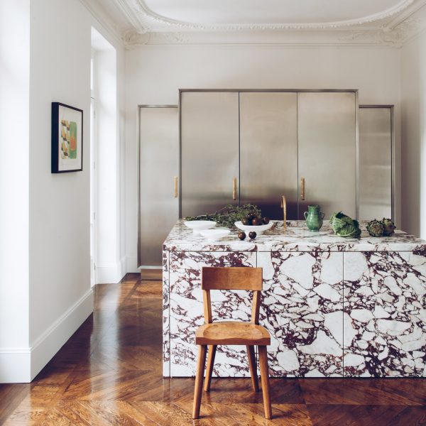 French kitchen with marble kitchen island