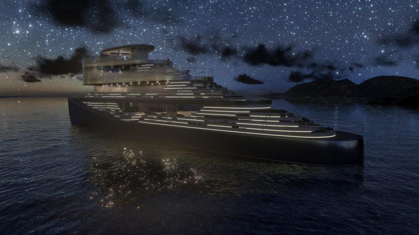 Rendering of the a medium-sized ship with multiple decks lit up at night
