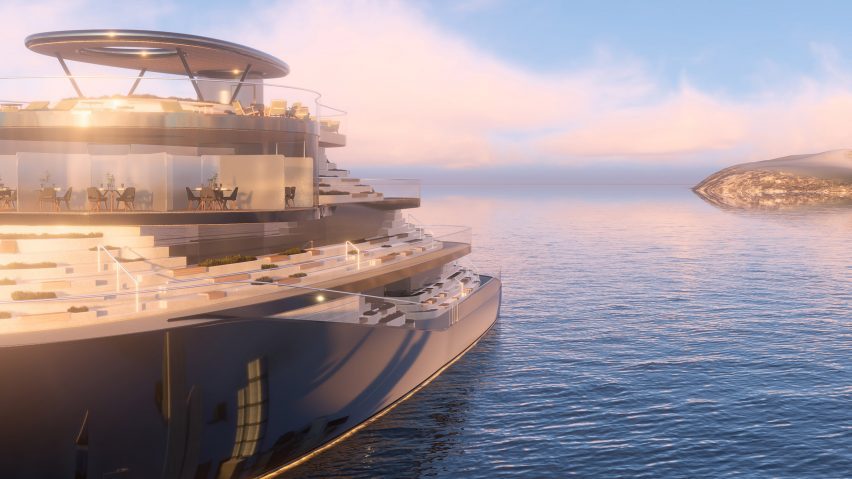 Rendering of the Viewpoint sightseeing boat with restaurants on its upper deck and tiered seating below