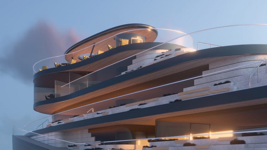 Rendering of the Viewpoint boat concept showing tiered seating across multiple decks