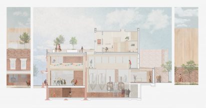 A visualisation of a brewery in tones of brown, with people in various rooms and floors, against a blue sky.