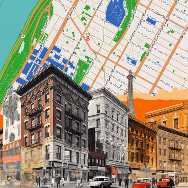The picture is split in two, the left side depicts street buildings overlaid on a map. The right shows three students in front of a cityscape.