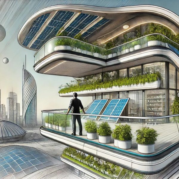 Illustration of person in a futuristic building
