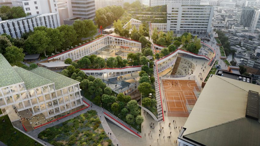 Birds-eye realistic visualisation of a university campus.