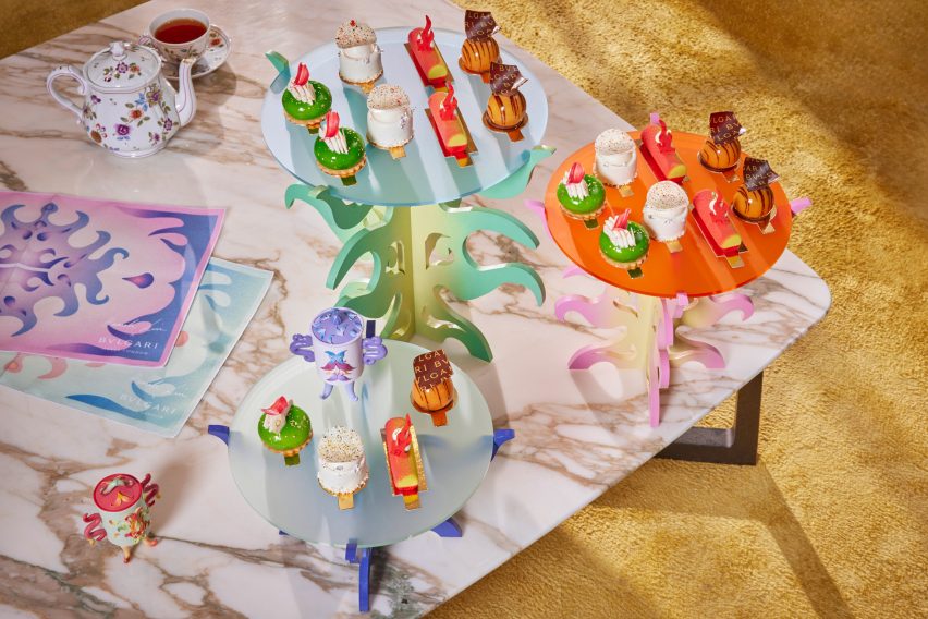 Photograph of a set of Lim's sculptural afternoon tea stands in different colours.